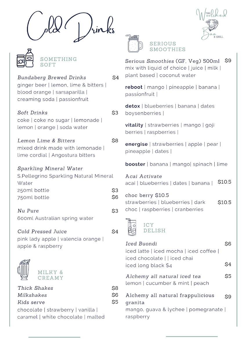 Menu, Woolshed Baa & Grill and Baa-rista