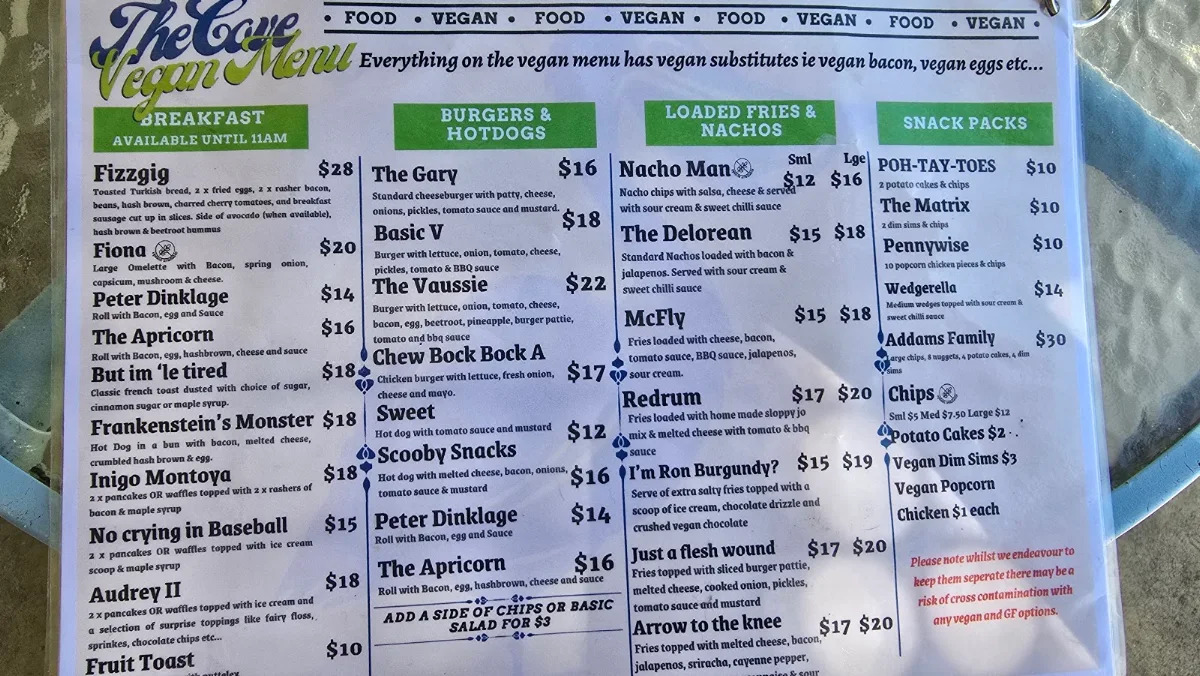 Menu, The Cove