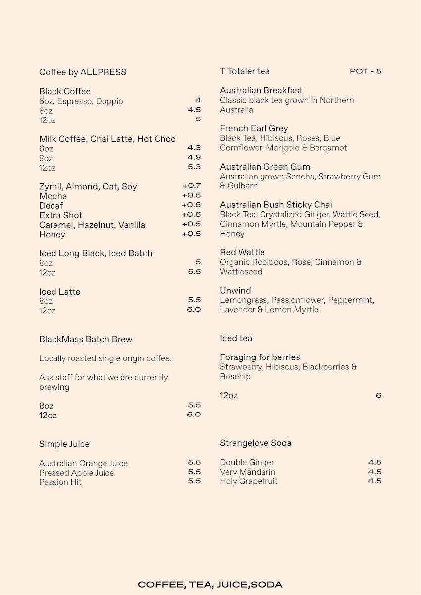 Menu, Fables Bar & Café