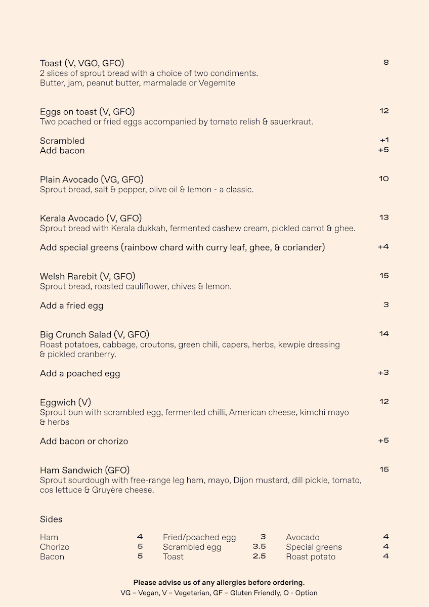 Menu, Fables Bar & Café