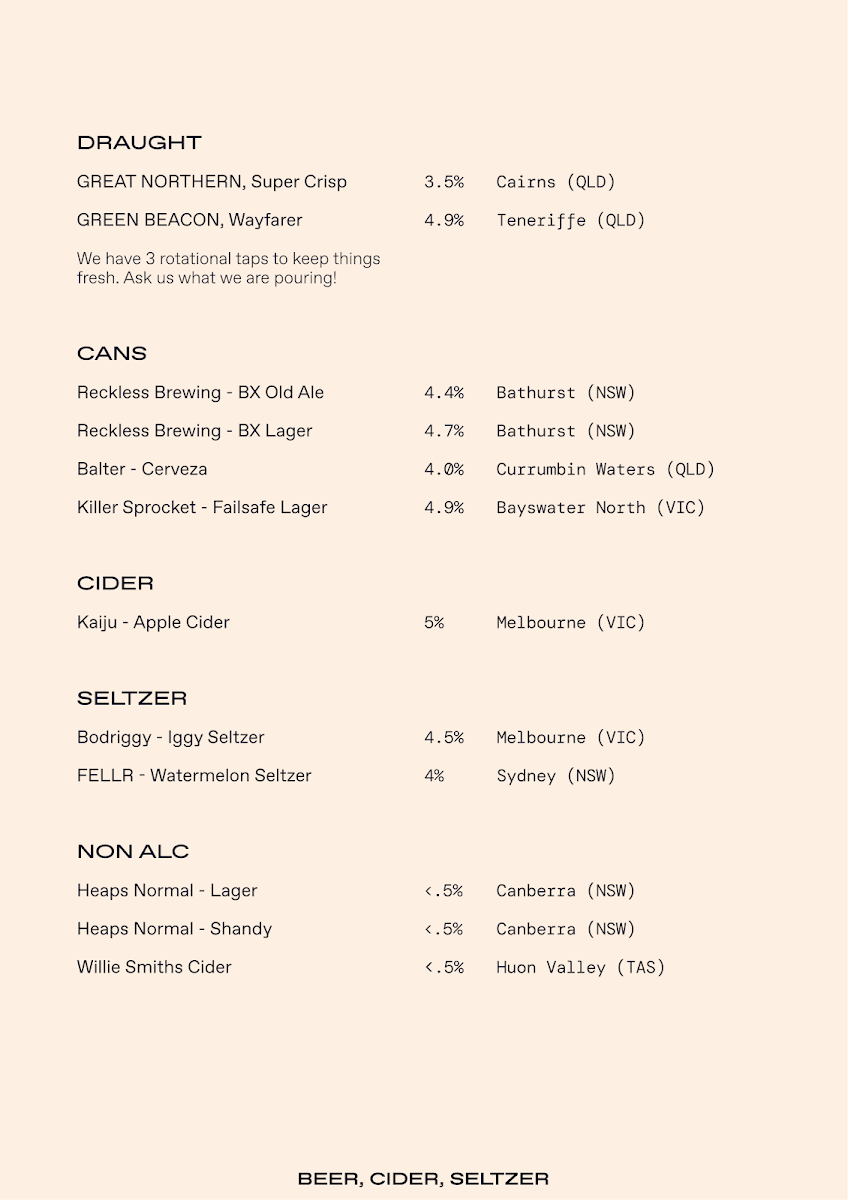 Menu, Fables Bar & Café