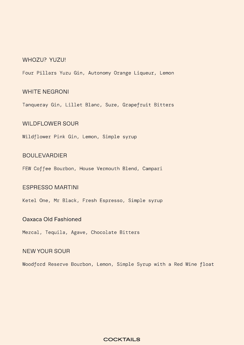 Menu, Fables Bar & Café