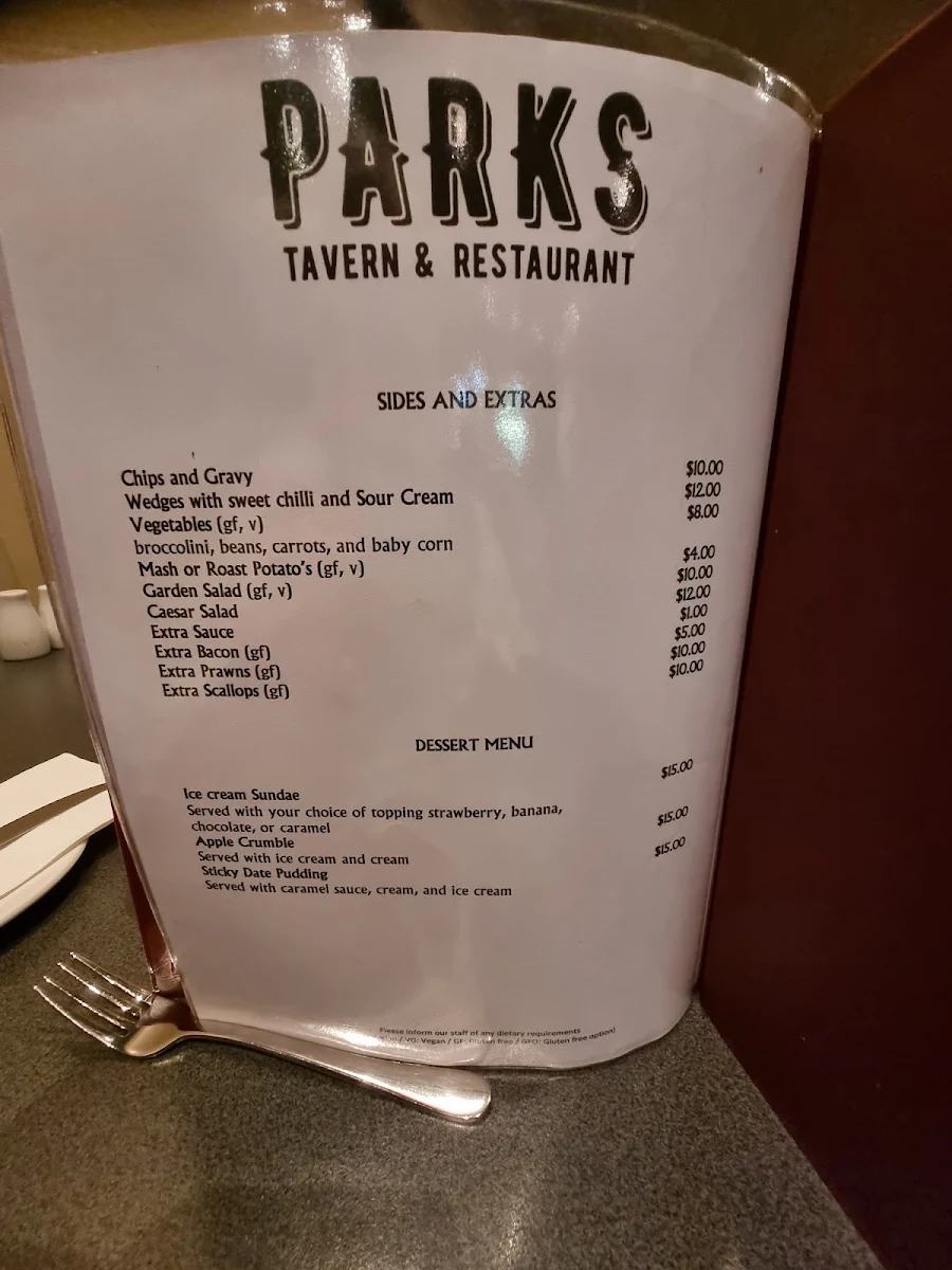 Menu, Parks Tavern & Restaurant