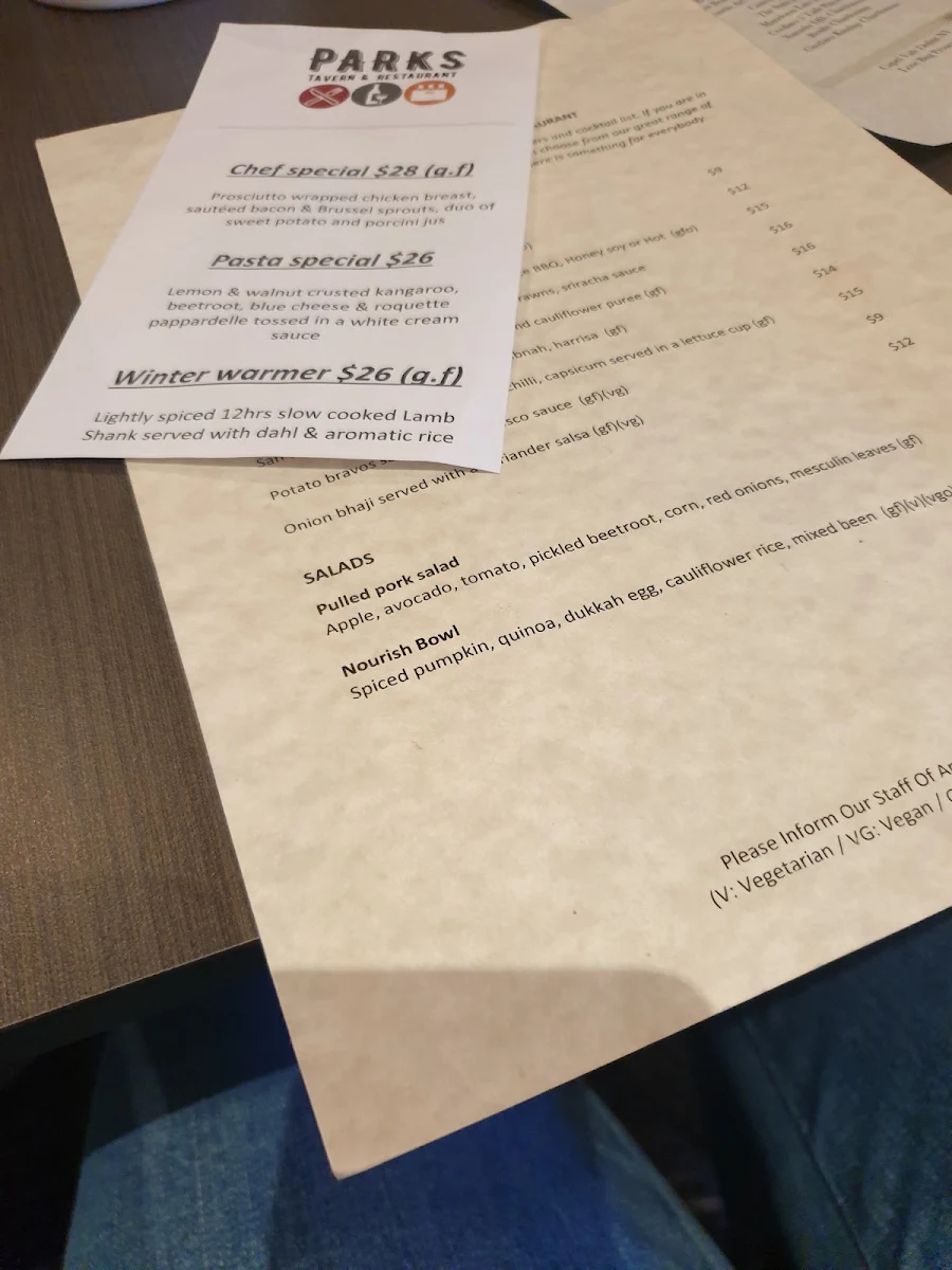 Menu, Parks Tavern & Restaurant