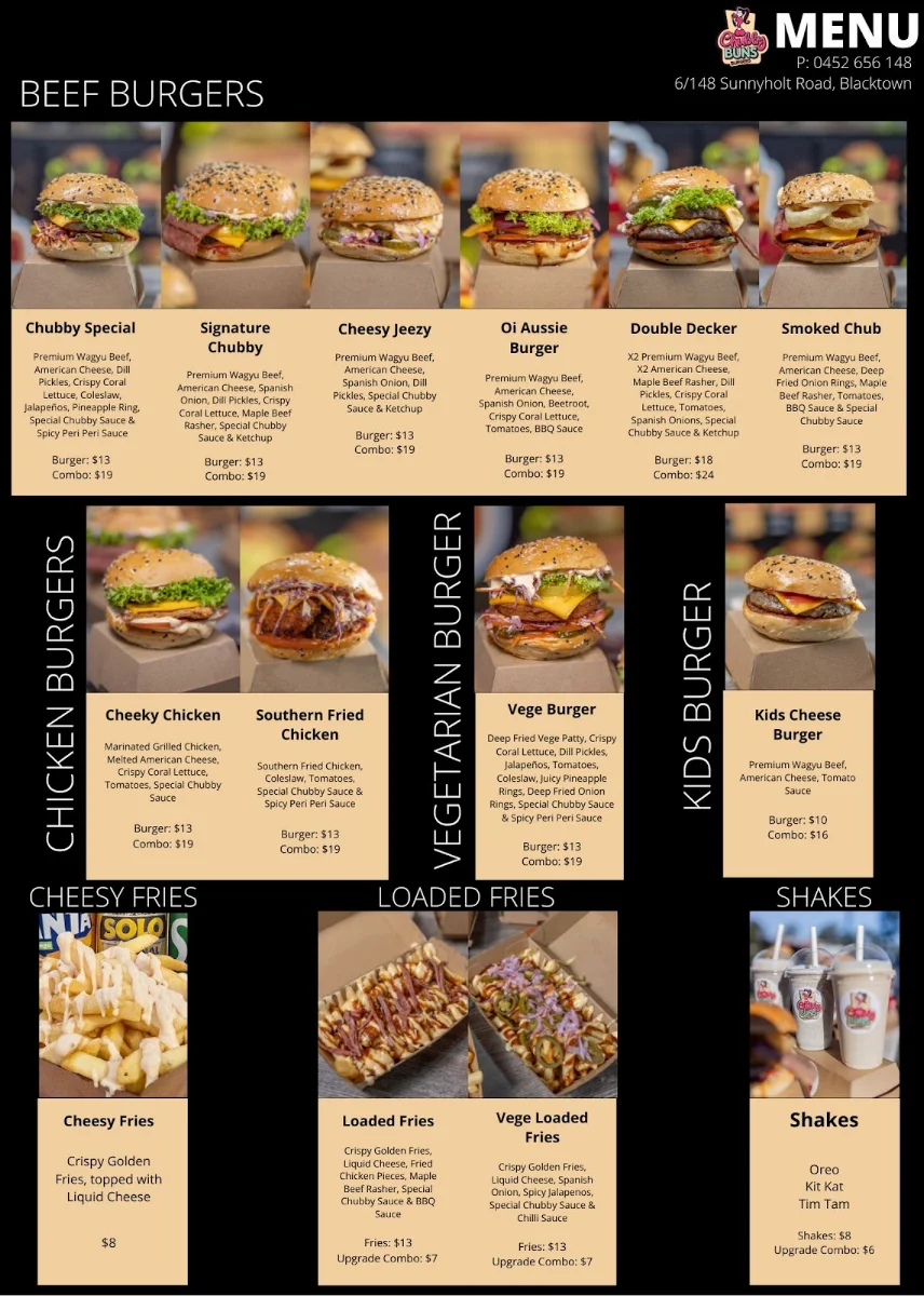 Menu, Chubby Buns Burgers Croydon Park