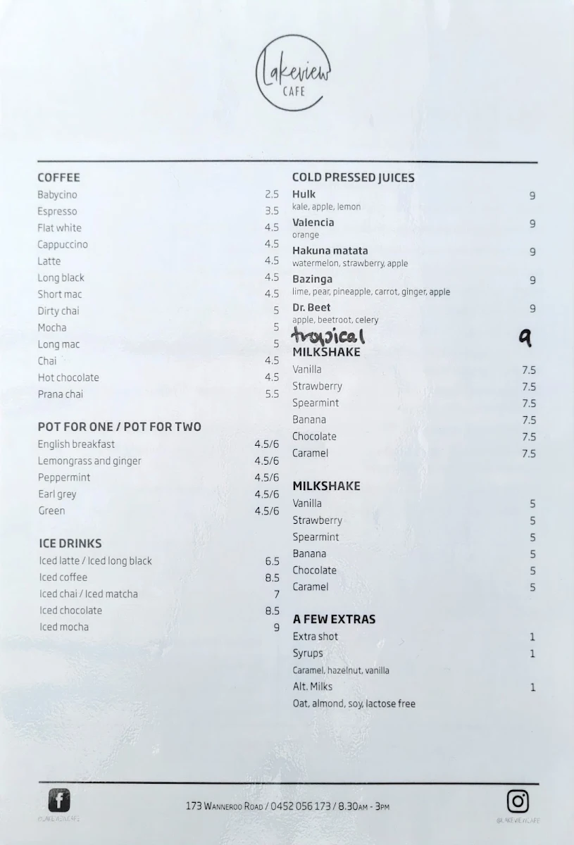 Menu, Lakeview Cafe