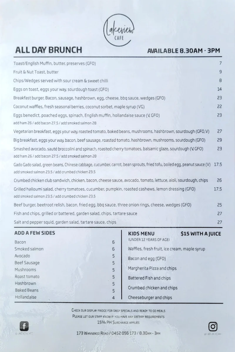 Menu, Lakeview Cafe