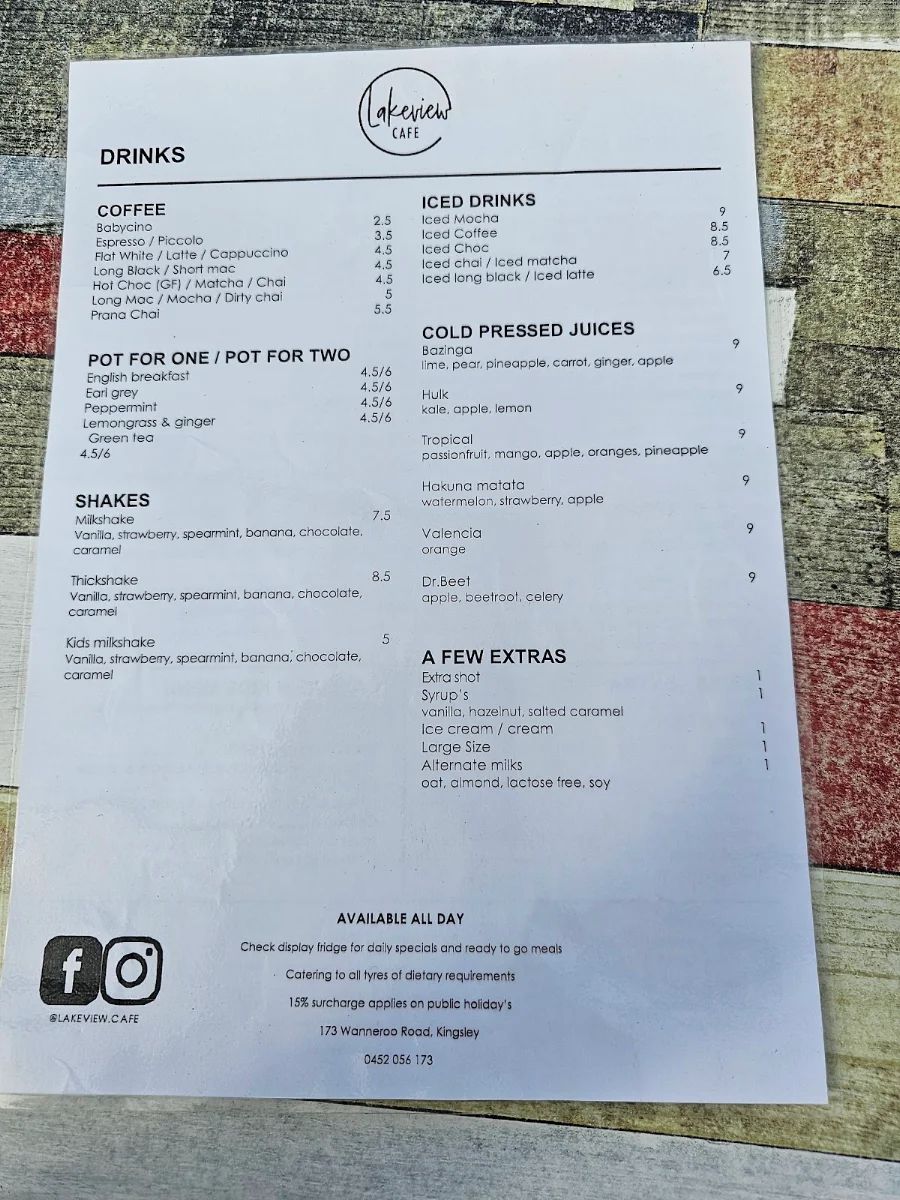 Menu, Lakeview Cafe