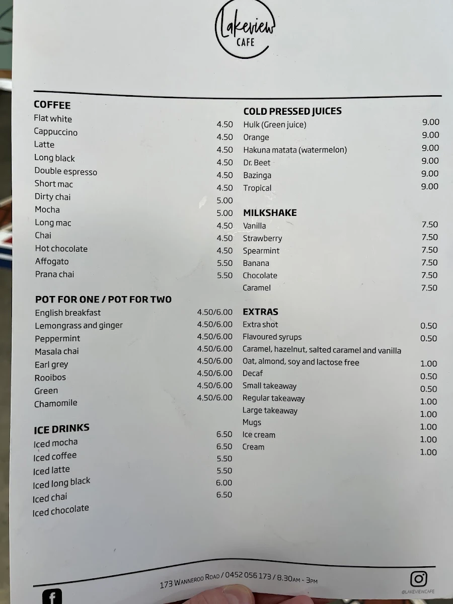Menu, Lakeview Cafe