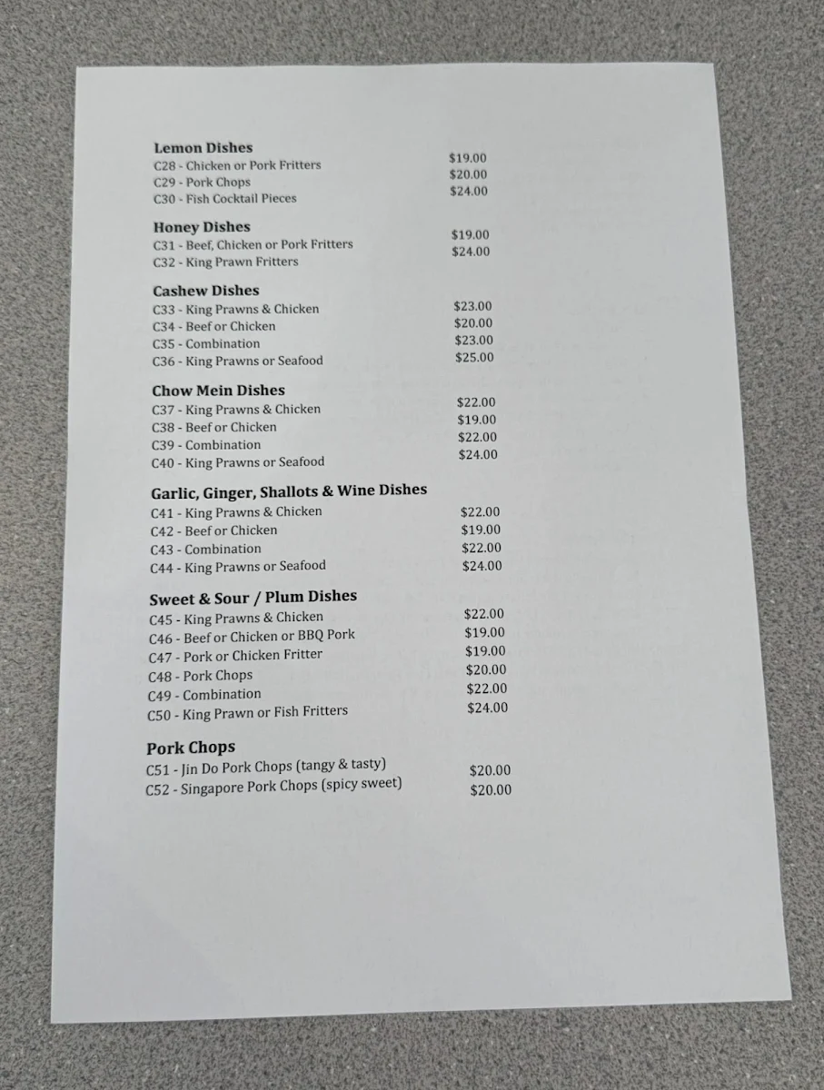 Menu, Kowin Restaurant