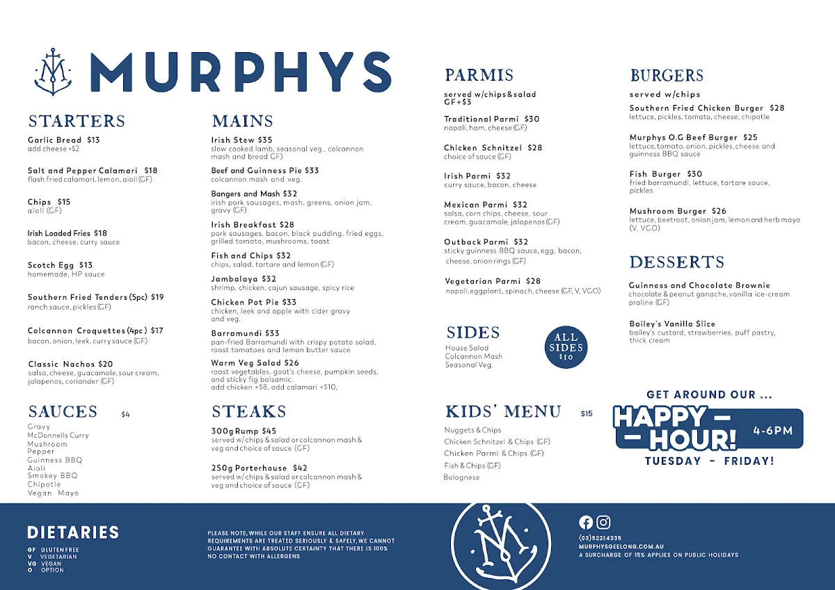 Menu, Murphys