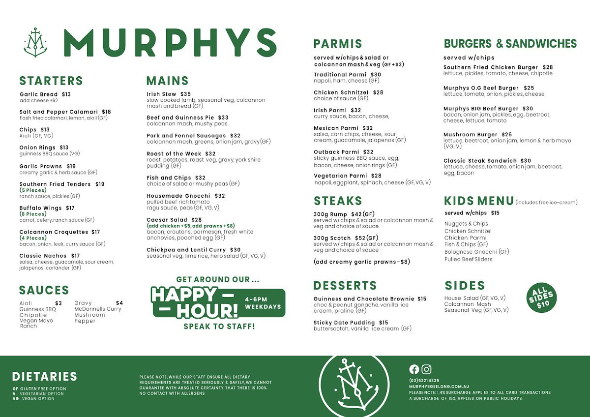Menu, Murphys
