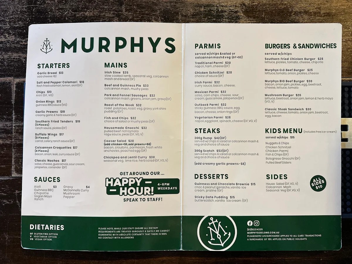 Menu, Murphys