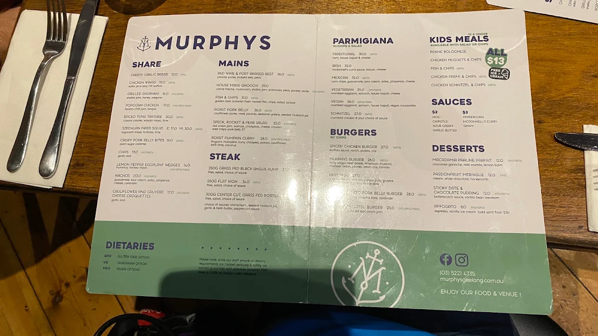 Menu, Murphys