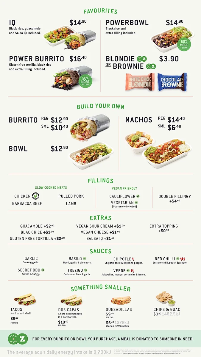Menu, Zambrero Jindalee