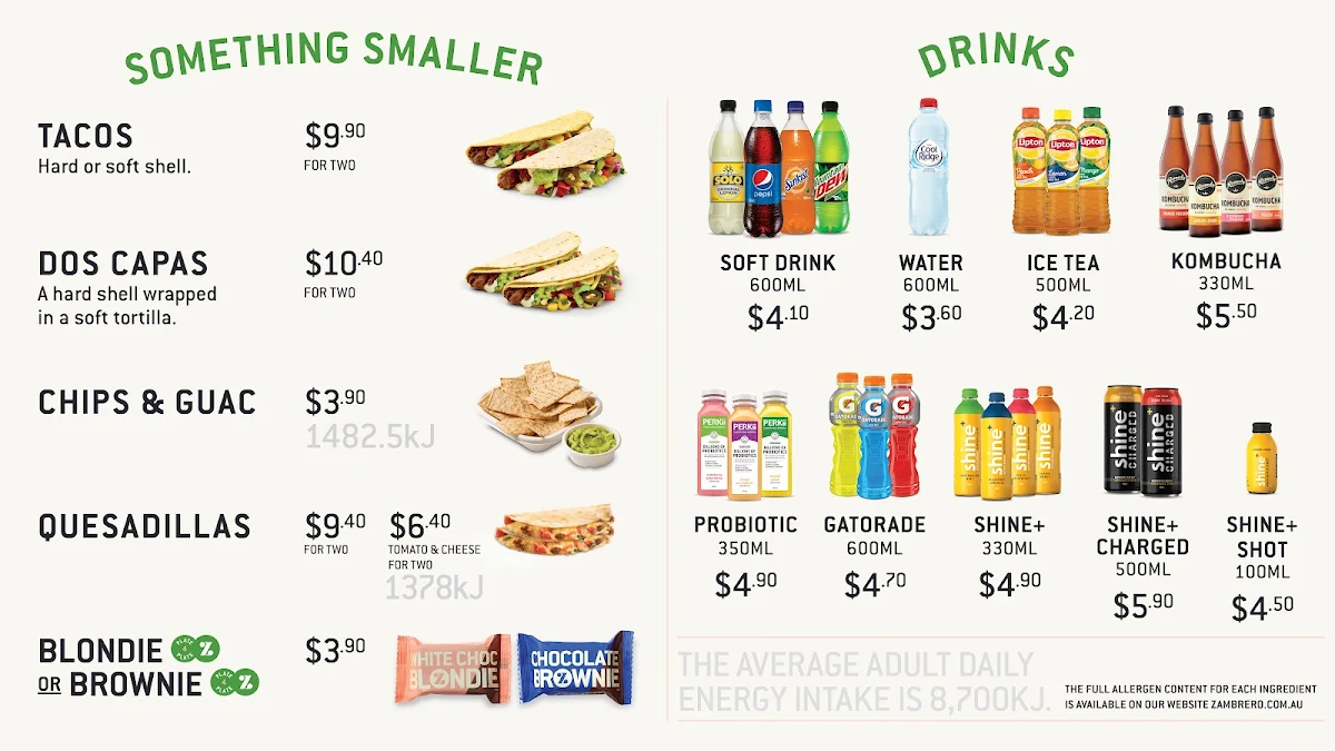Menu, Zambrero Jindalee