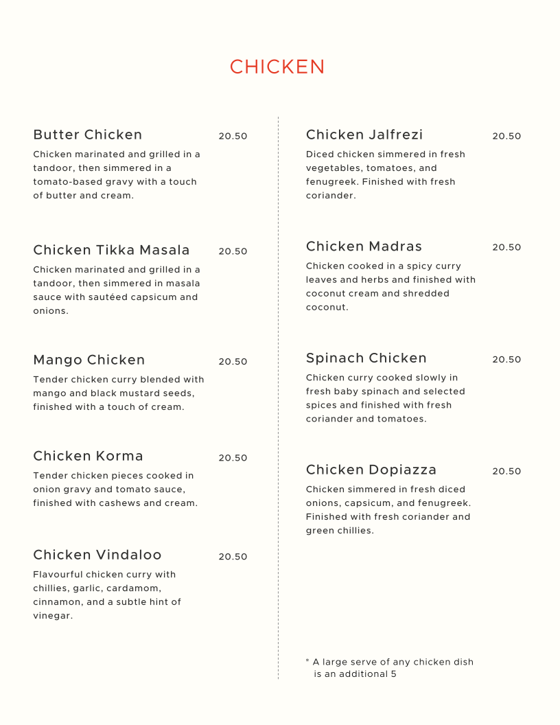 Menu, SPICE OF LIFE Campbelltown