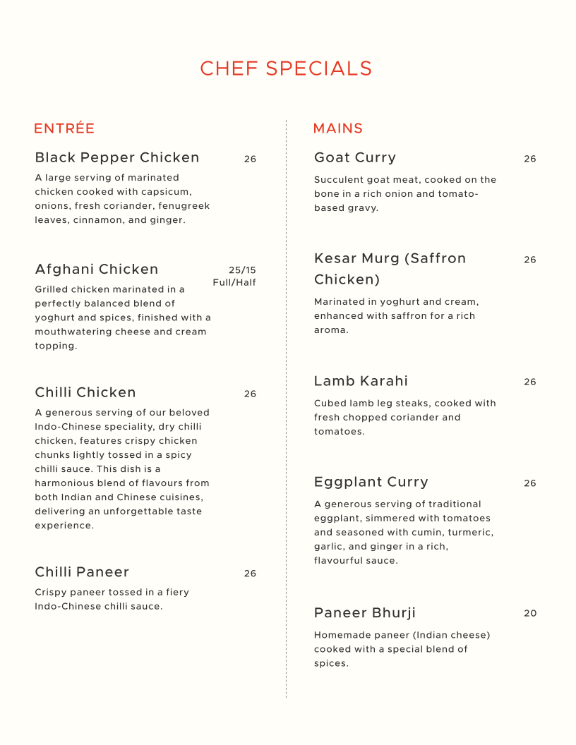 Menu, SPICE OF LIFE Campbelltown