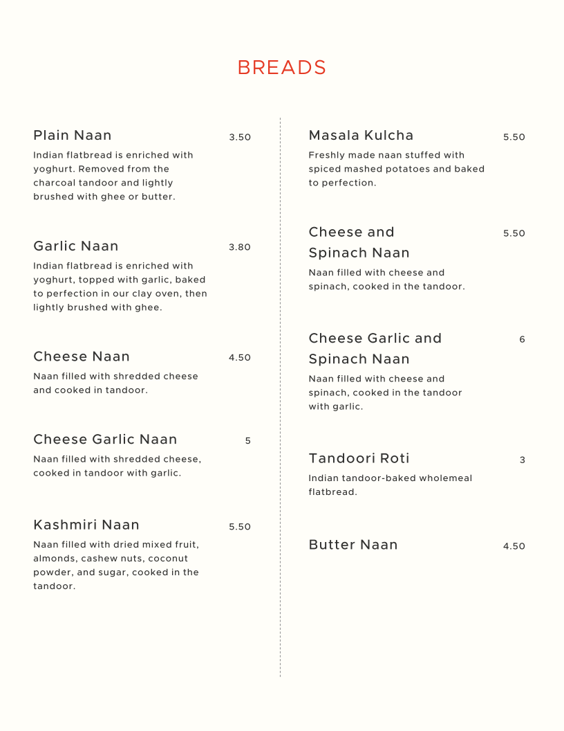 Menu, SPICE OF LIFE Campbelltown