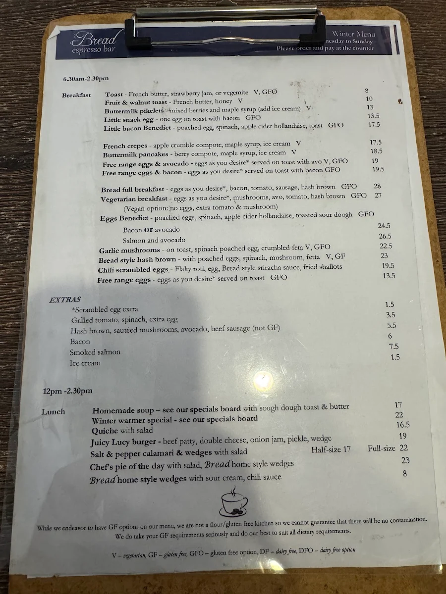 Menu, Bread Espresso Bar