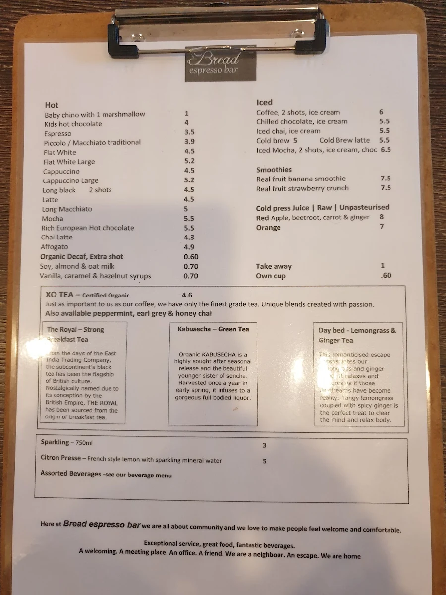 Menu, Bread Espresso Bar