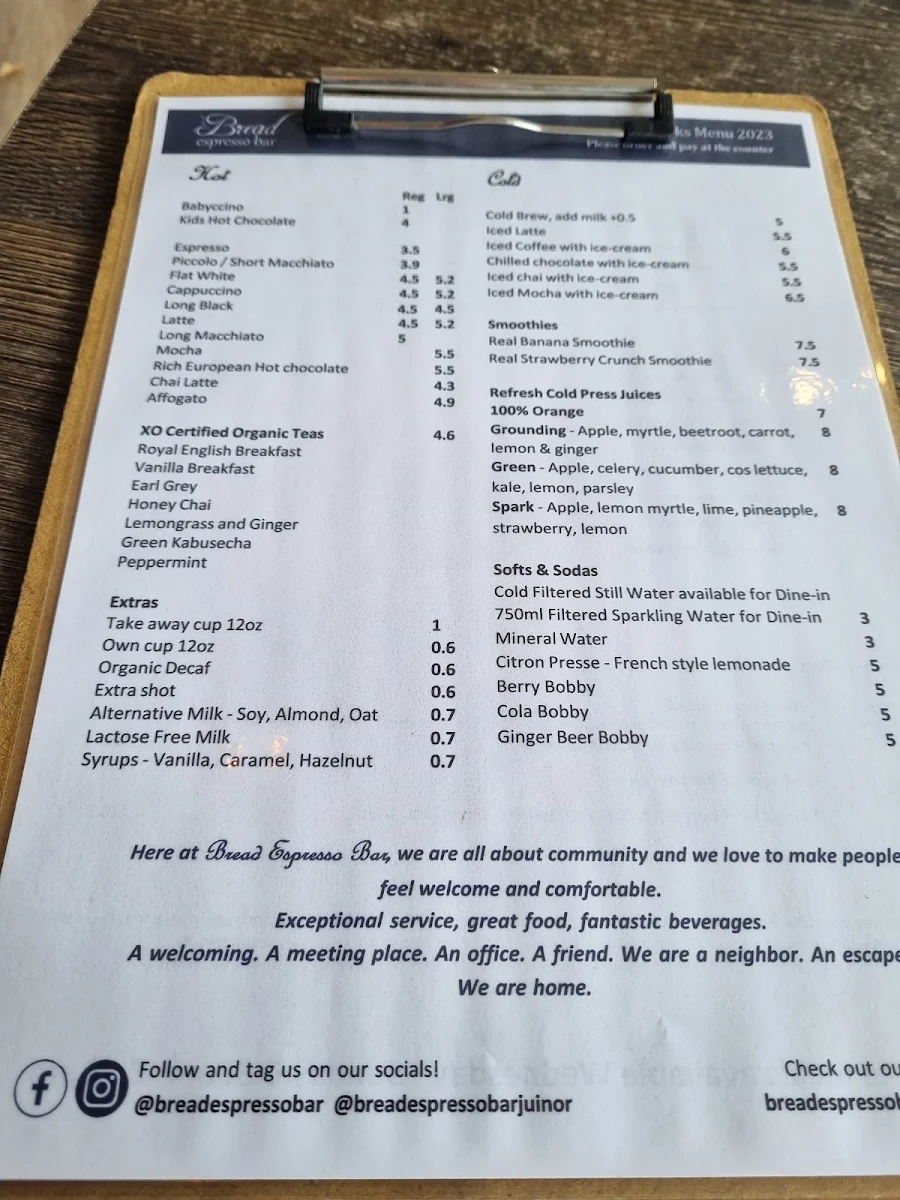 Menu, Bread Espresso Bar