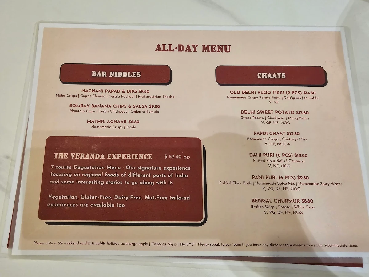 Menu, Veranda Indian Kitchen & Bar - Rouse Hill