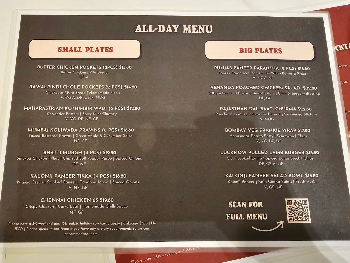 Menu, Veranda Indian Kitchen & Bar - Rouse Hill