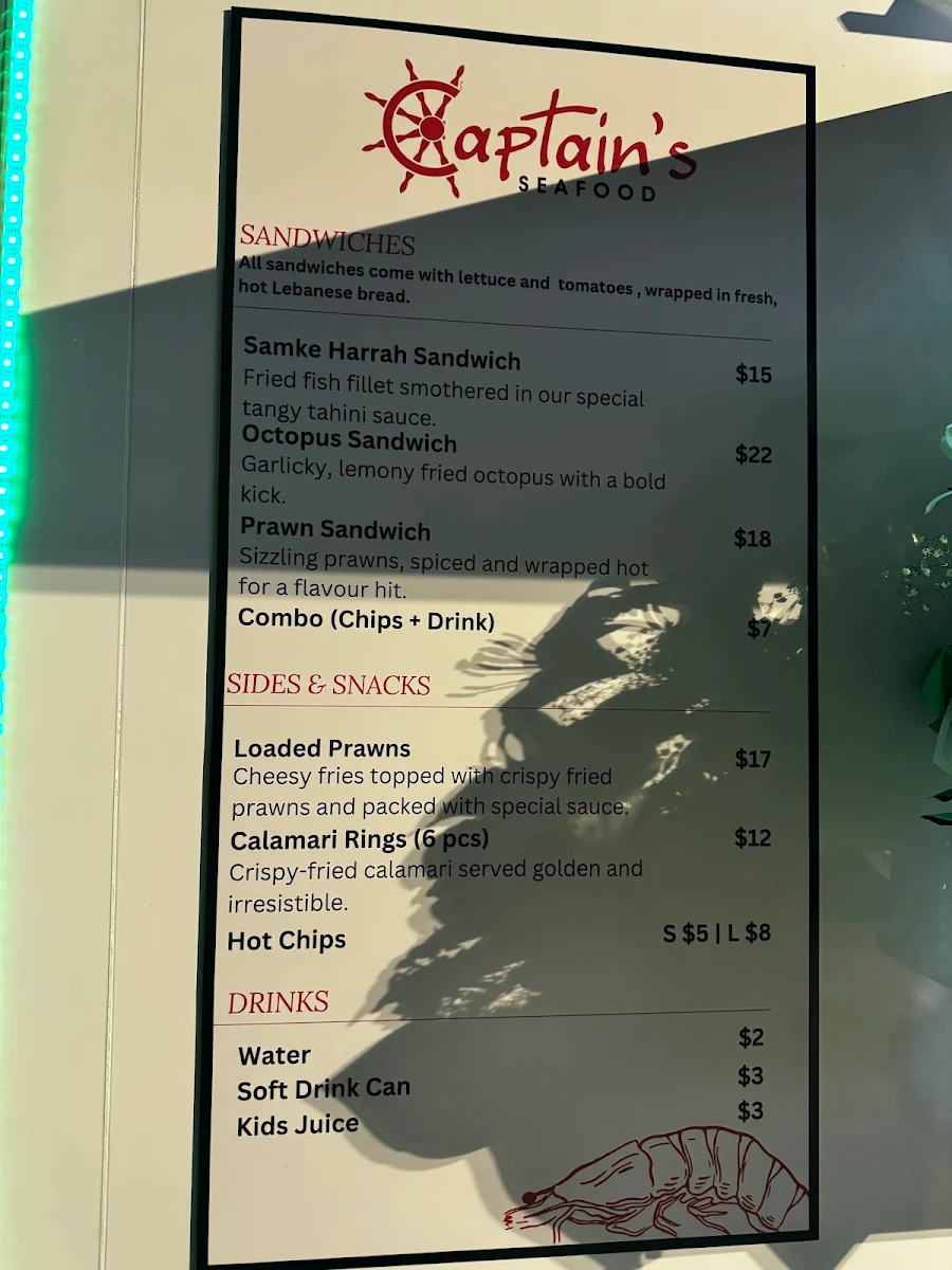 Menu, Captain’s seafood truck prestons