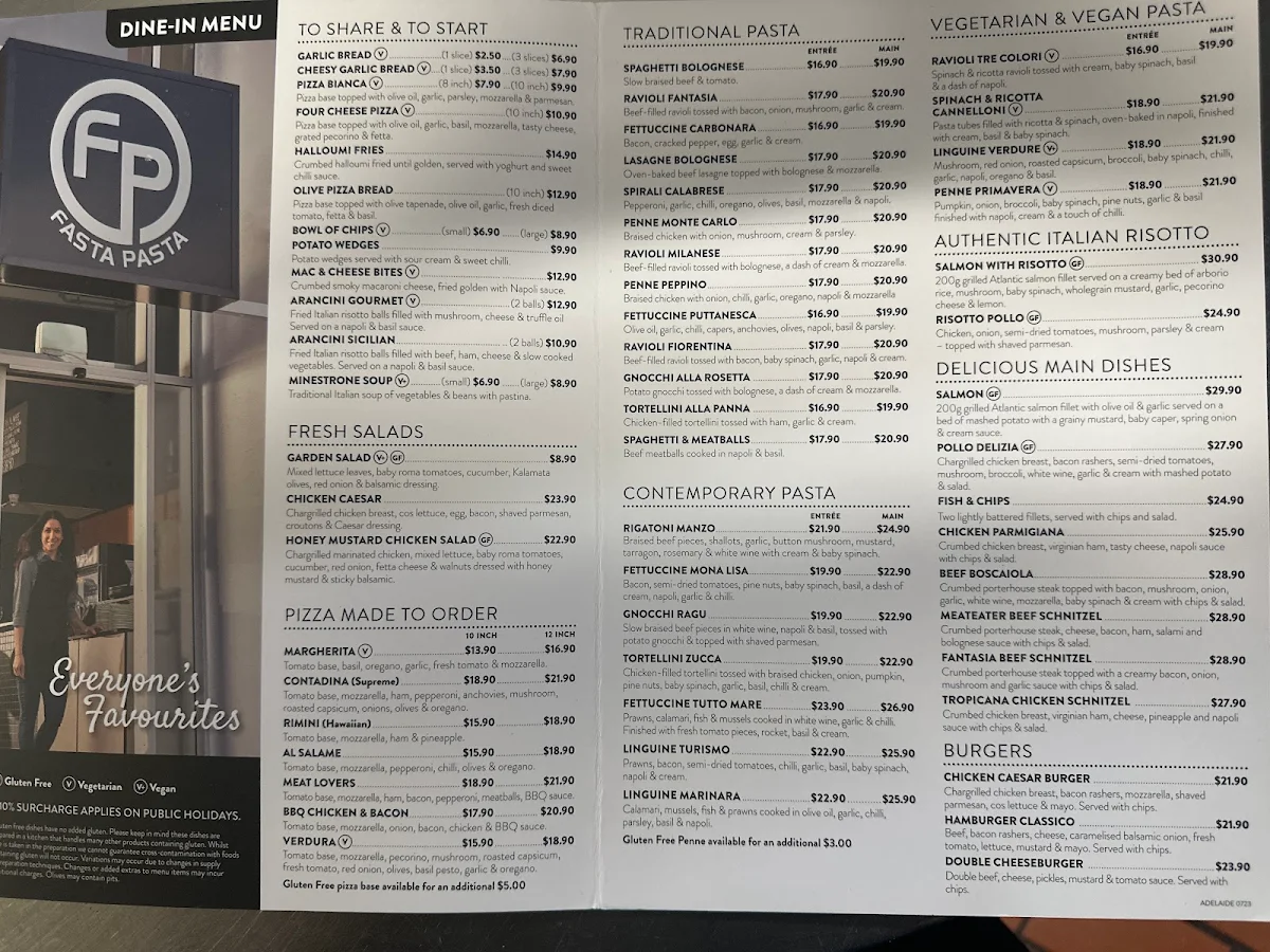Menu, Fasta Pasta Gilles Plains