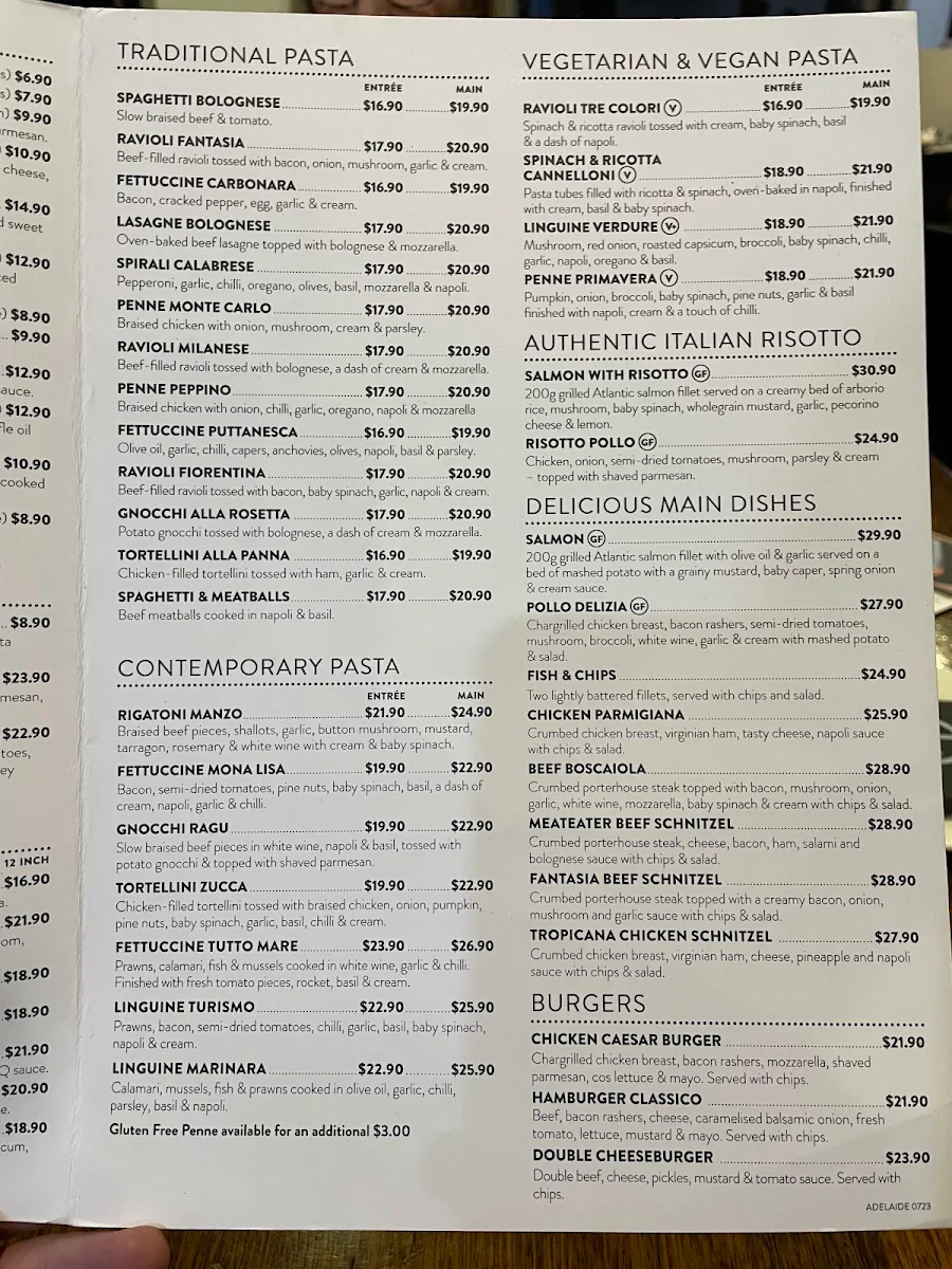 Menu, Fasta Pasta Gilles Plains