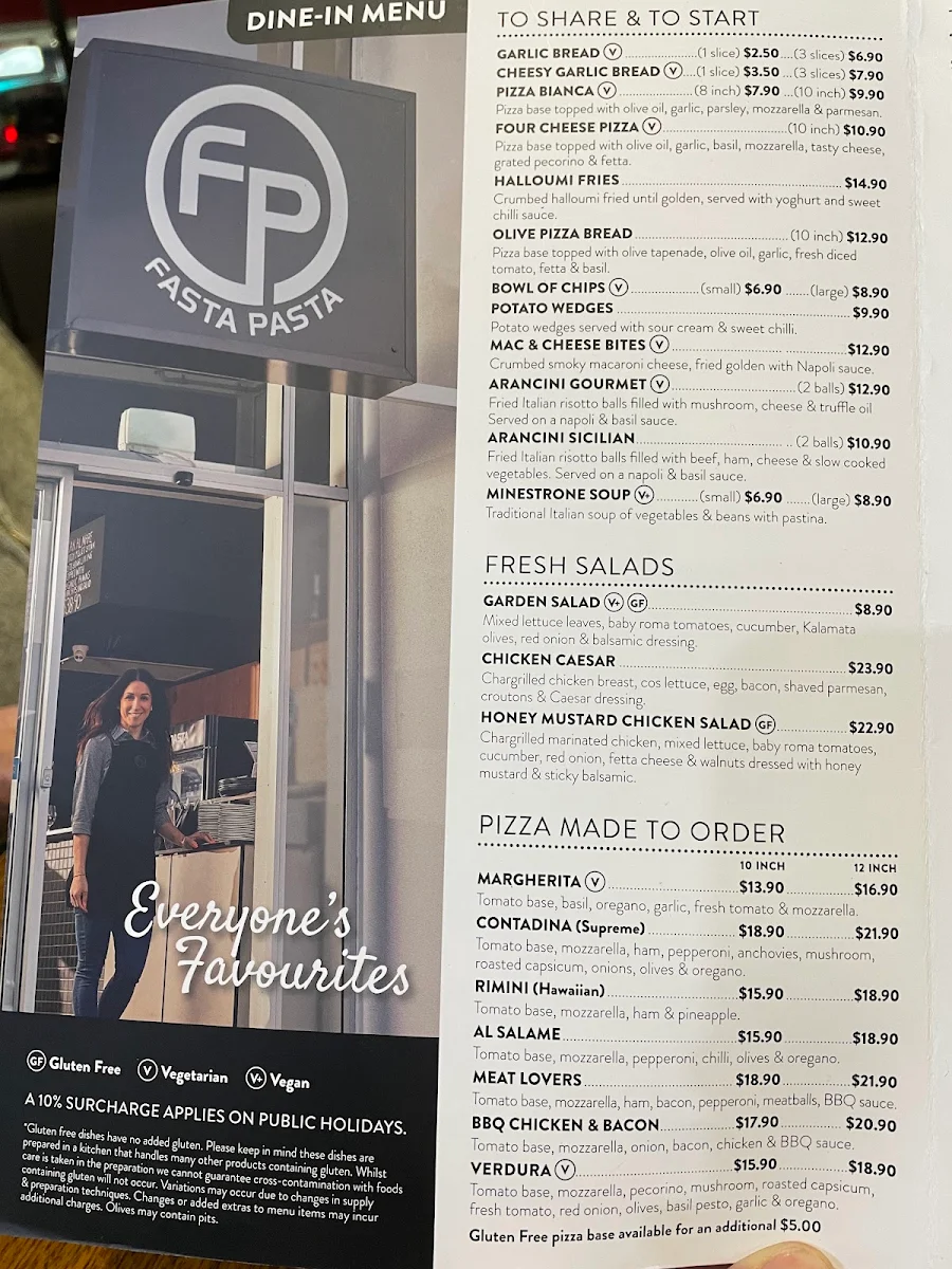 Menu, Fasta Pasta Gilles Plains