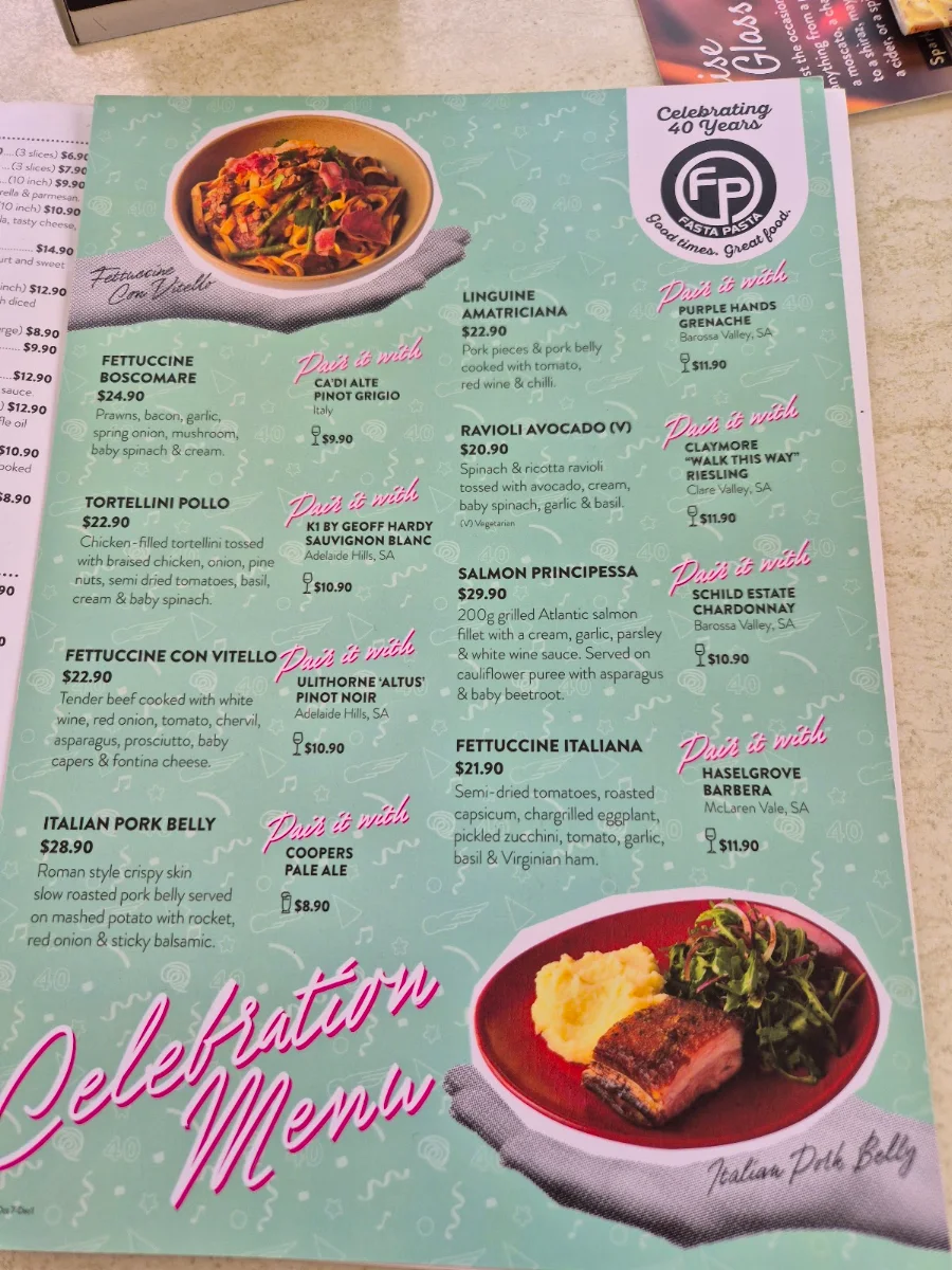Menu, Fasta Pasta Gilles Plains