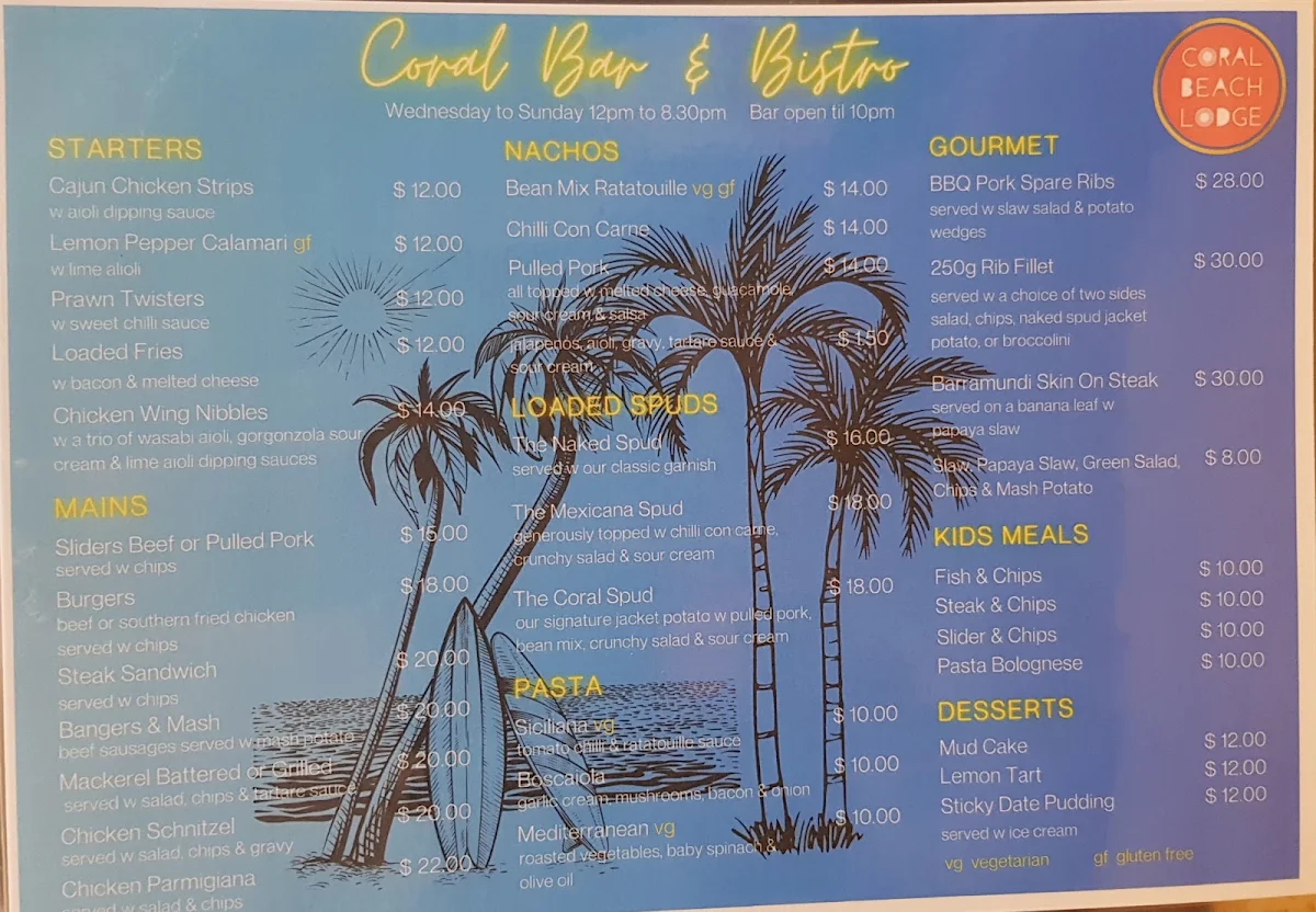 Menu, Coral Bar & Bistro