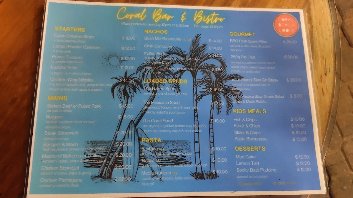 Menu, Coral Bar & Bistro