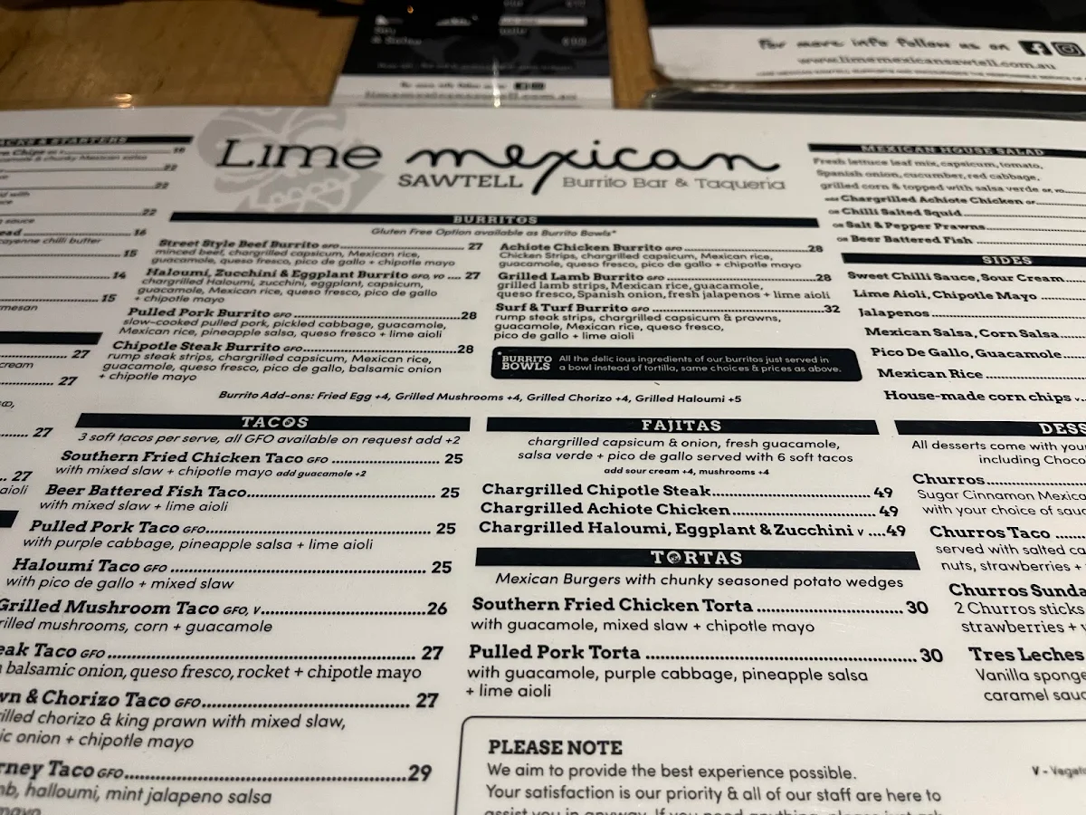 Menu, Lime Mexican ®