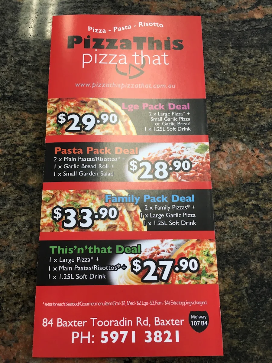 Menu, Pizza This Pizza That