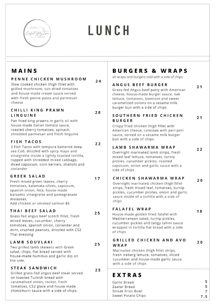 Menu, Cafe 52