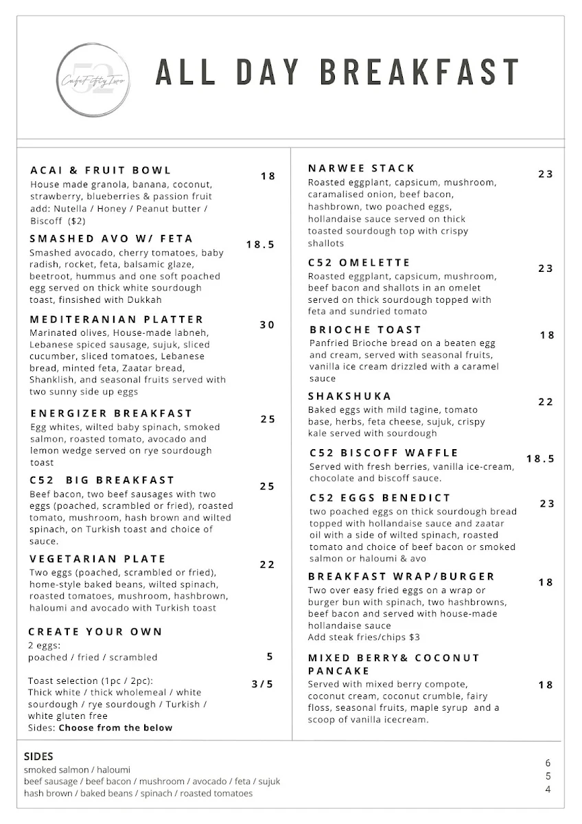 Menu, Cafe 52