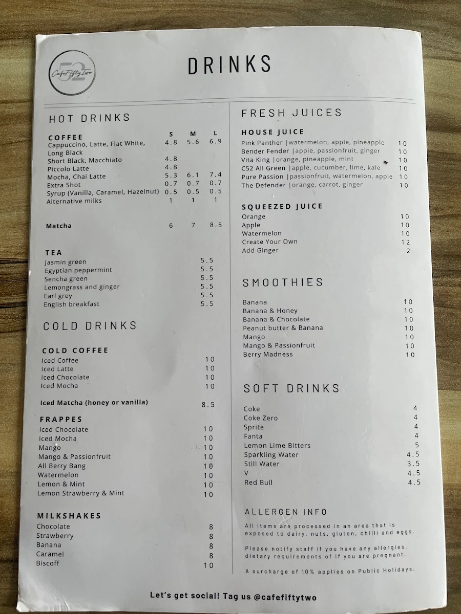 Menu, Cafe 52