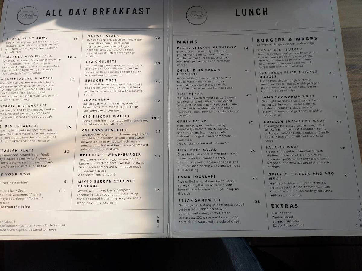 Menu, Cafe 52