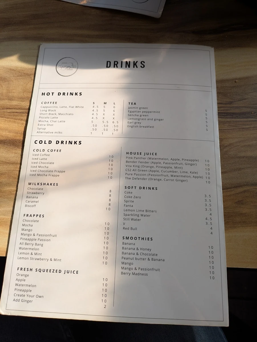 Menu, Cafe 52