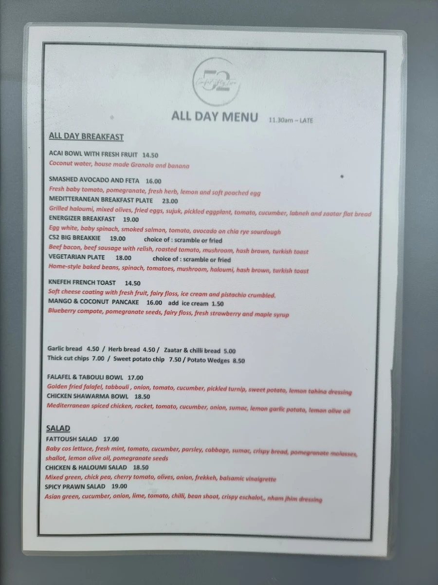Menu, Cafe 52