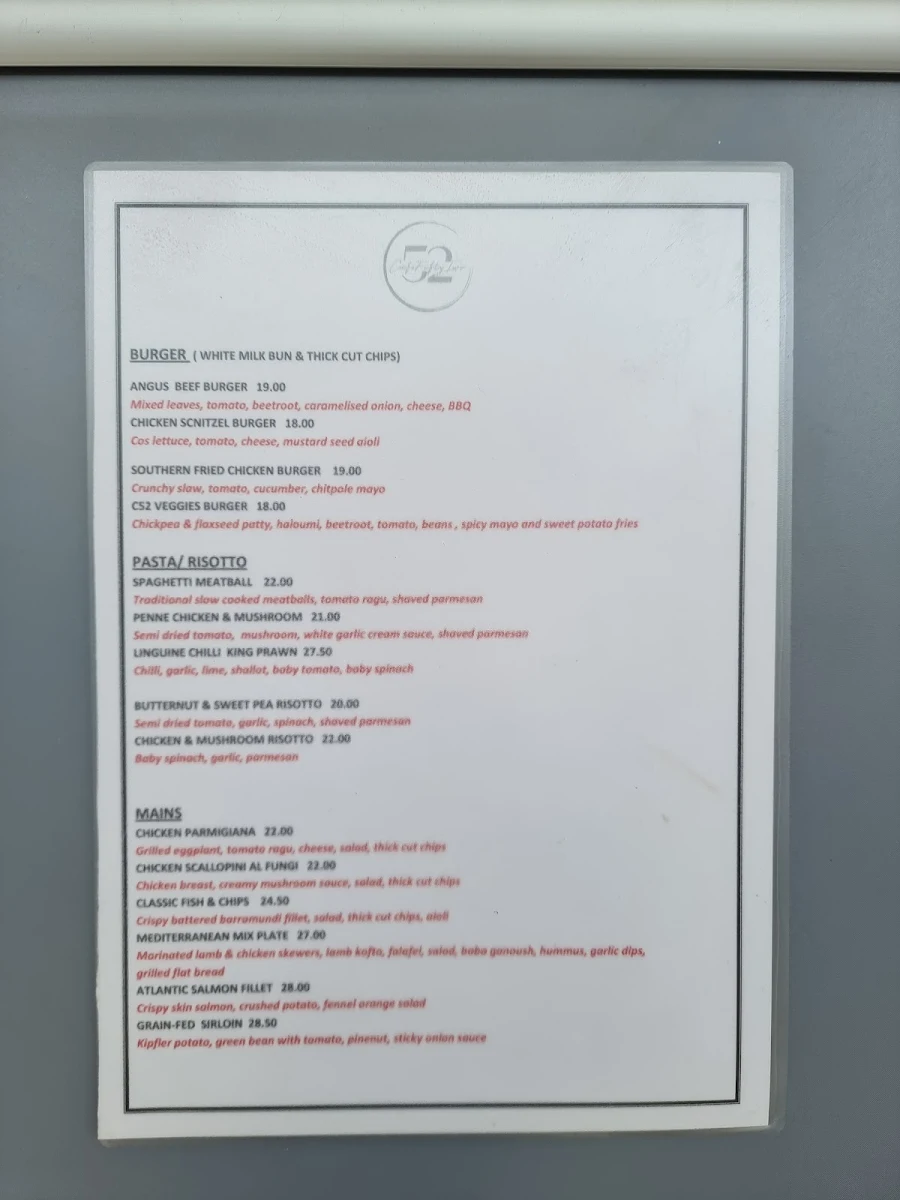 Menu, Cafe 52