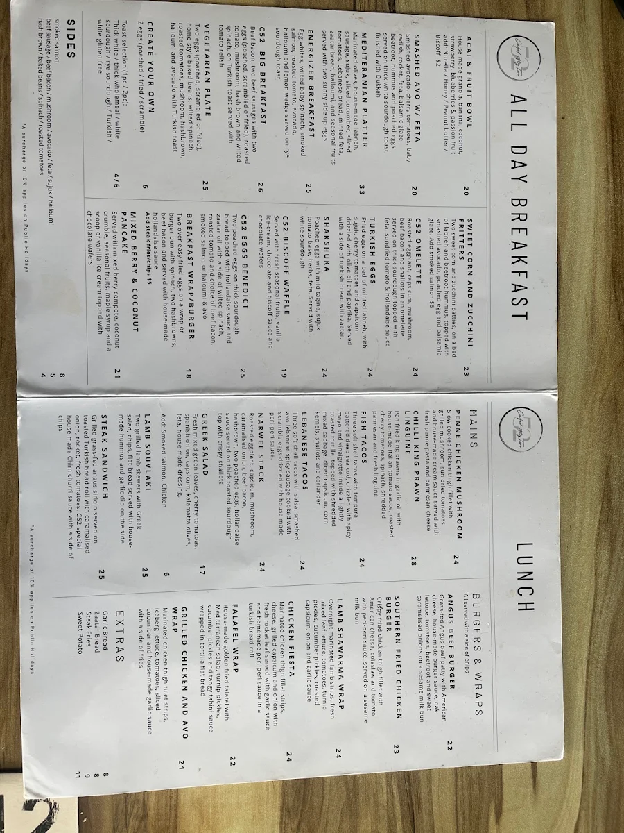 Menu, Cafe 52
