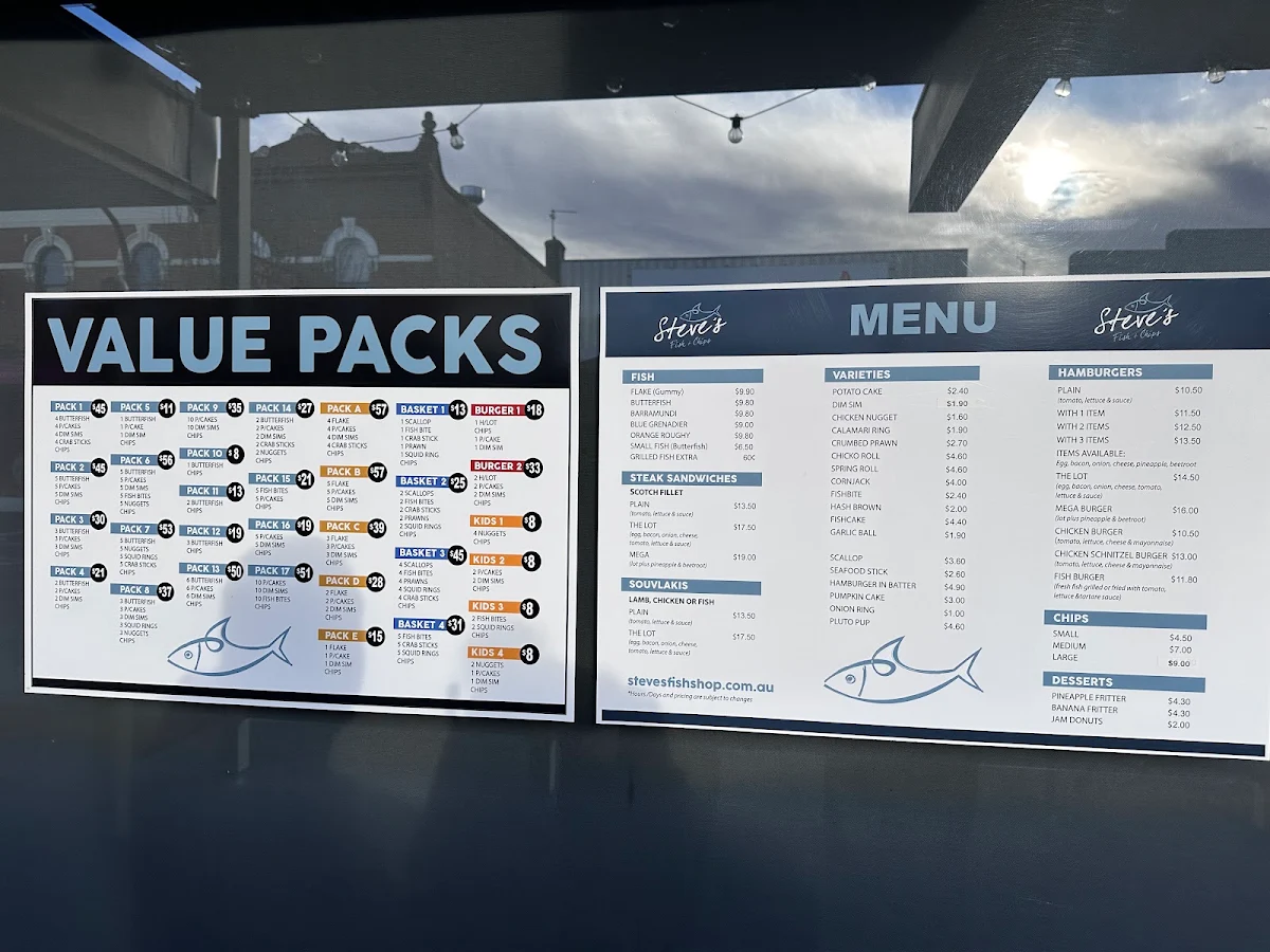 Menu, Steve's Fish Shop Maryborough
