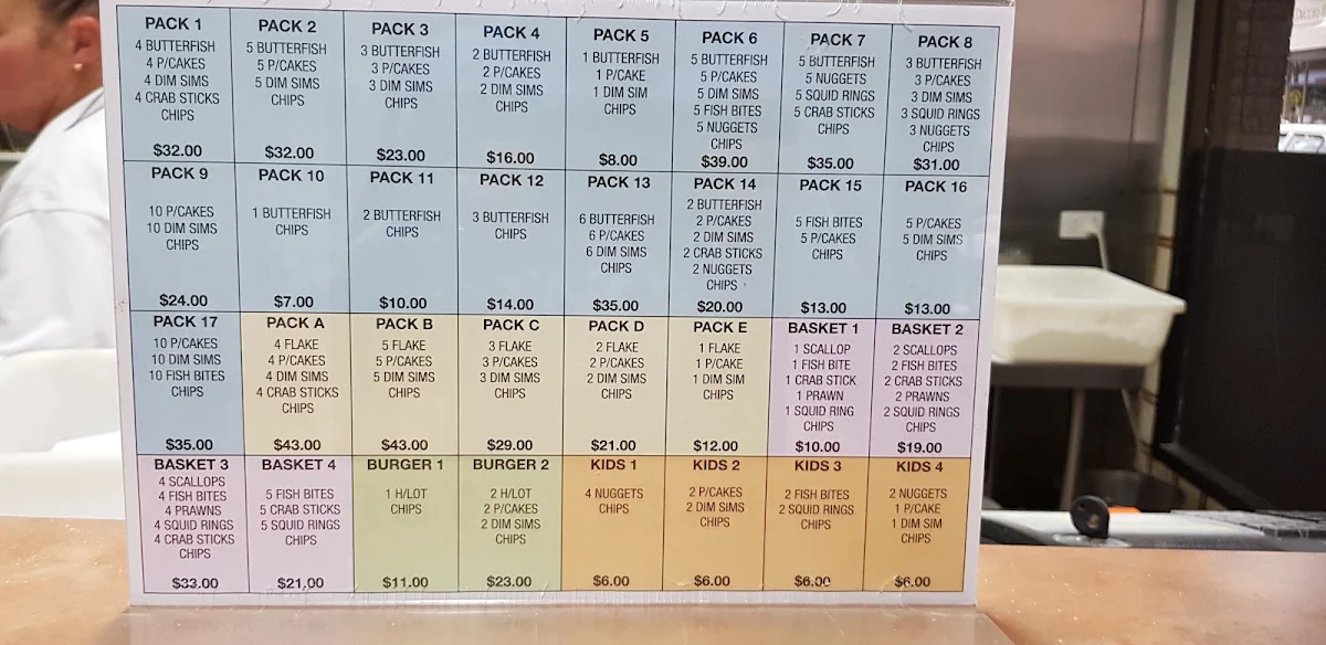 Menu, Steve's Fish Shop Maryborough