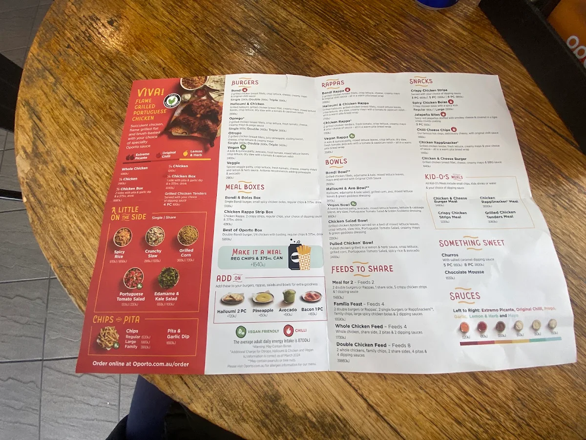 Menu, Oporto Casula Drive Thru