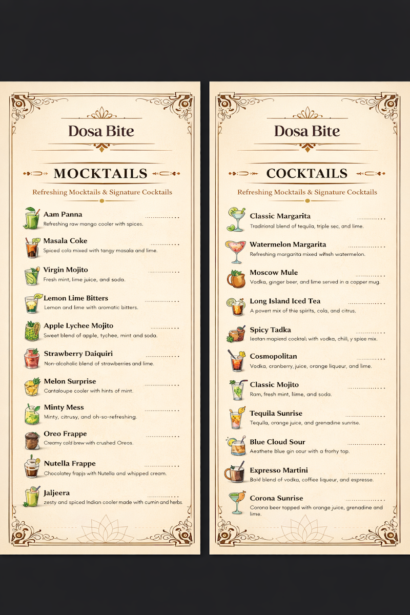 Menu, DOSA BITE Liverpool