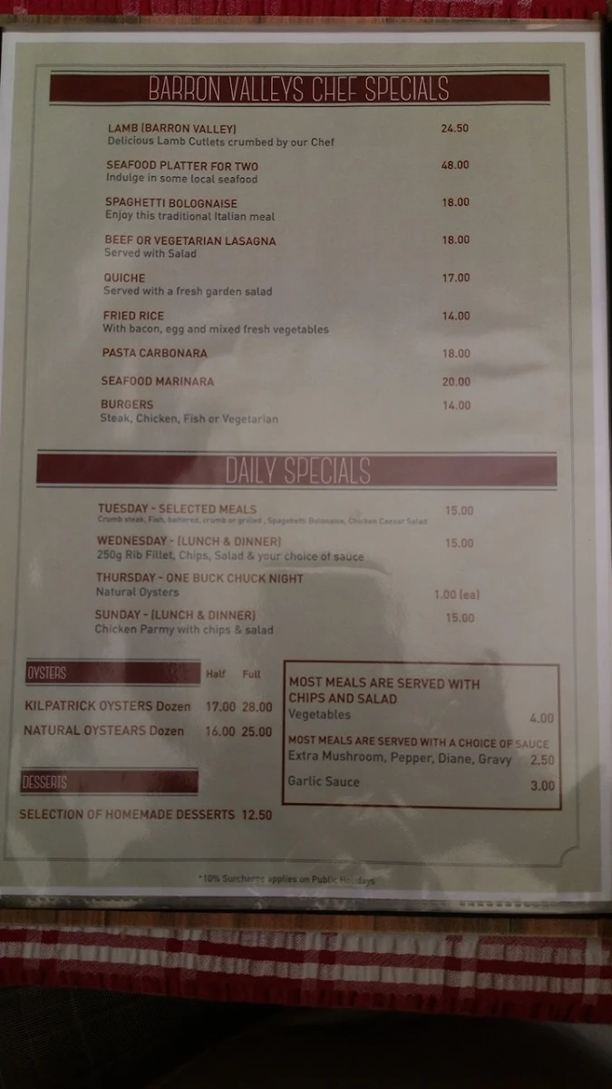 Menu, Barron Valley Hotel